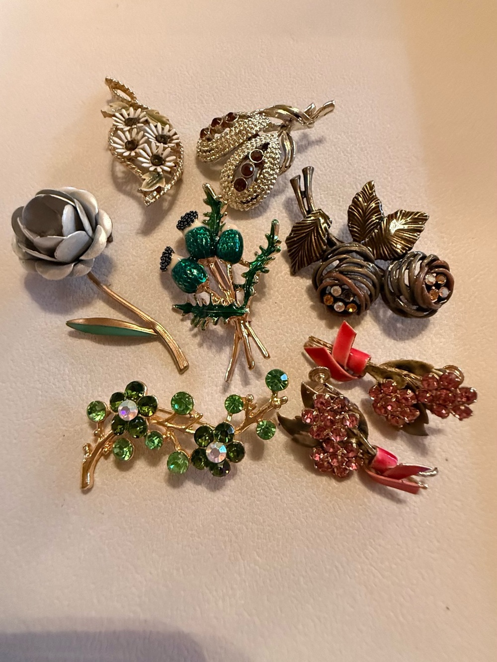 Gold-Tone Floral and Leaf Brooch and earrings Collection - Green, Pink,